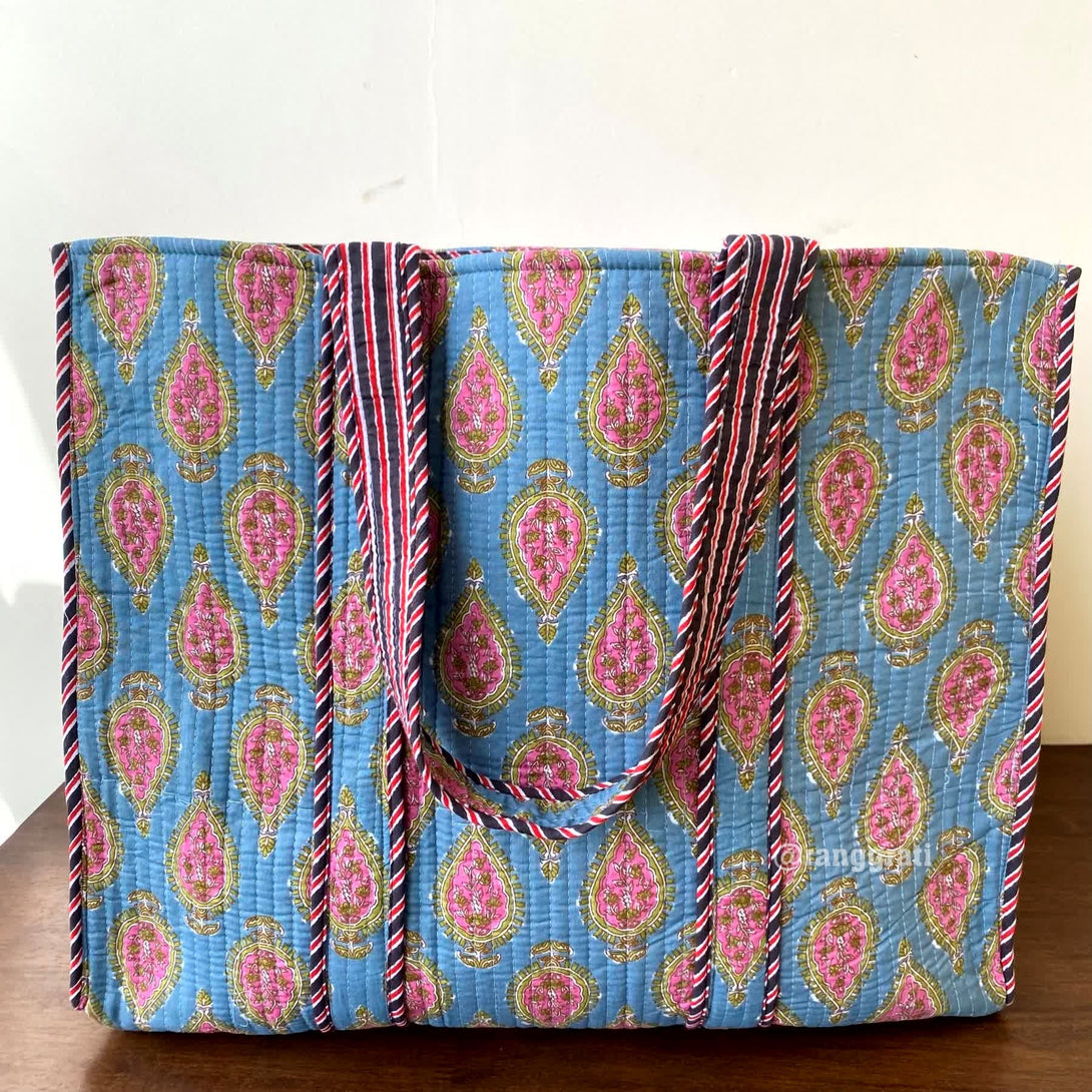 Grey Paisley Floral Tote Bag Quilted Hand Block Cotton Without Zip - Tote Bag