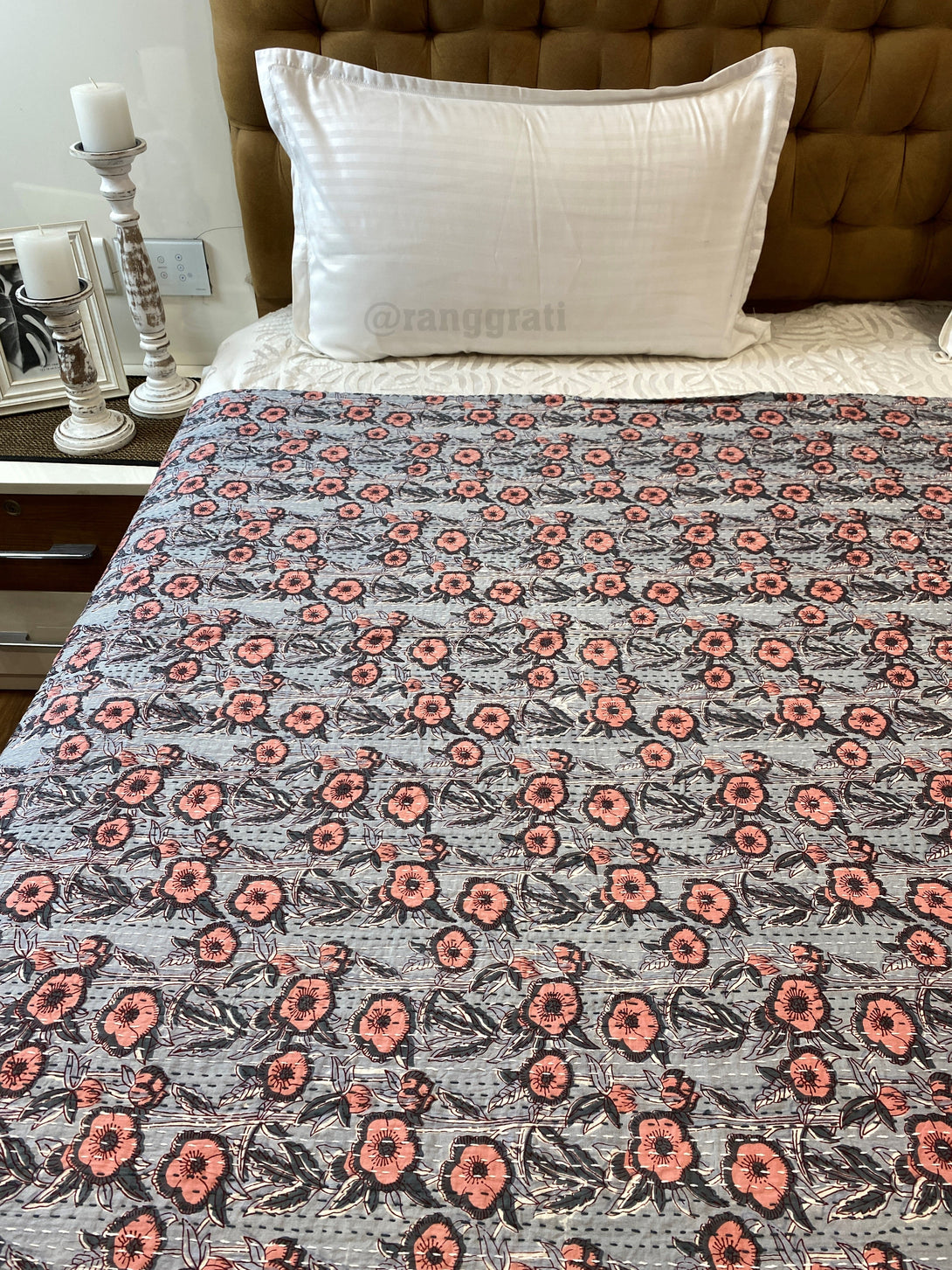 Grey Peach Floral Kantha Bedcover For Double Bed King Size - Bedcover