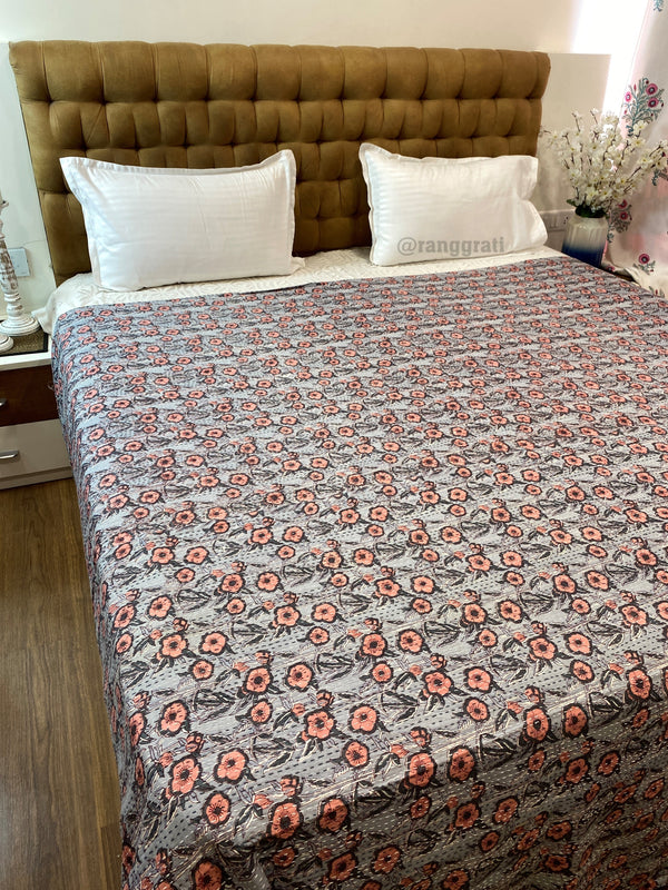 Grey Peach Floral Kantha Bedcover For Double Bed King Size - Bedcover