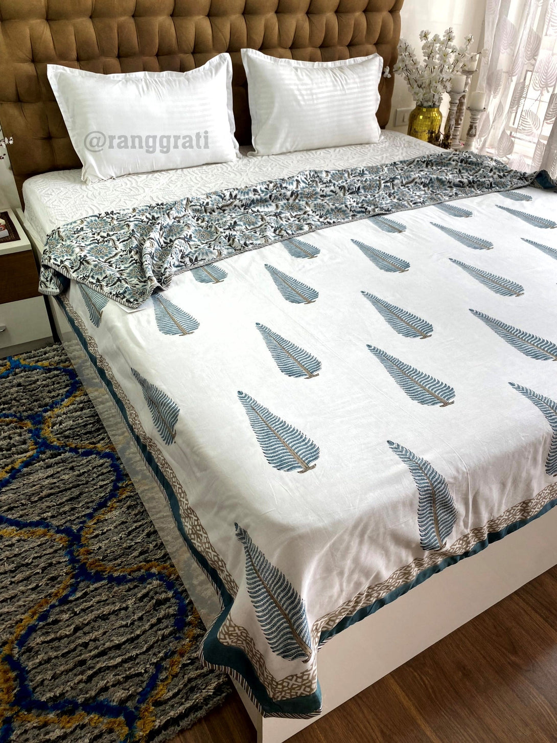 Grey Pine Dohar For Double Bed In Mulmul Cotton Reversible King Size - Dohar