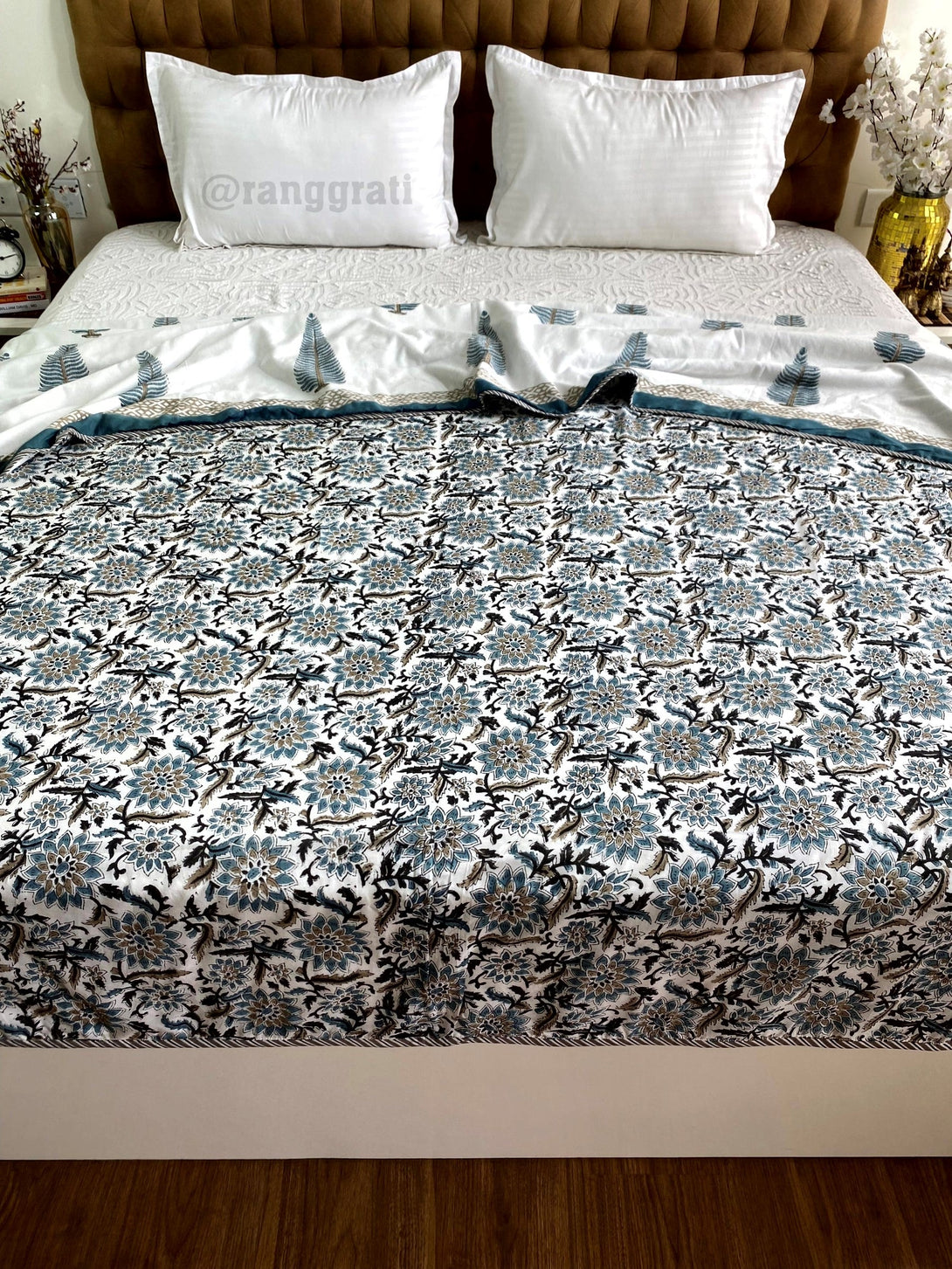 Grey Pine Dohar For Double Bed In Mulmul Cotton Reversible King Size - Dohar