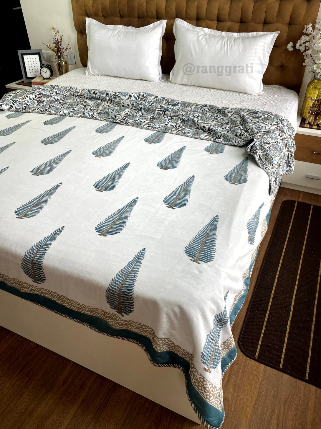 Grey Pine Dohar For Double Bed In Mulmul Cotton Reversible King Size - Dohar