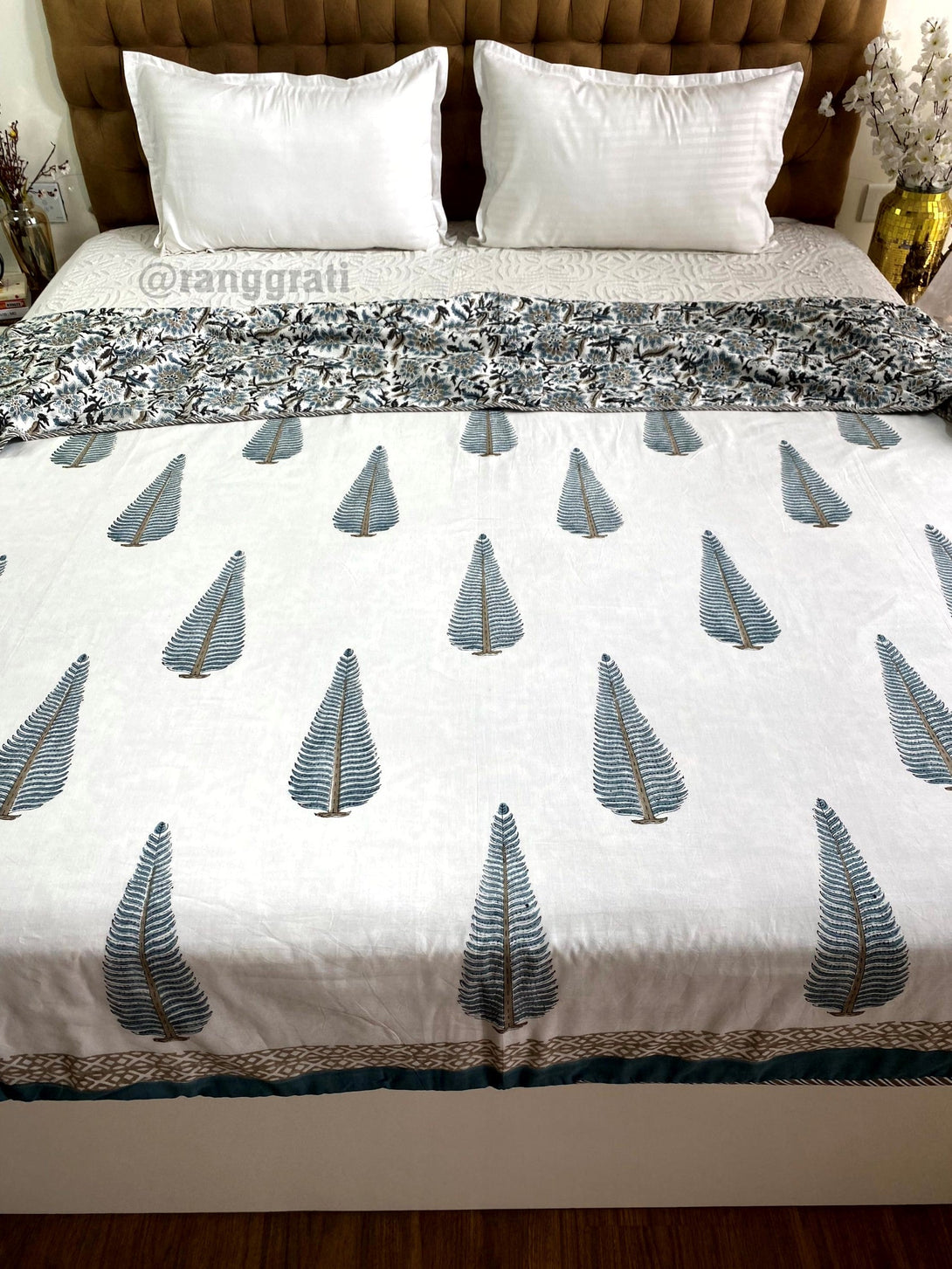 Grey Pine Dohar For Double Bed In Mulmul Cotton Reversible King Size - Dohar