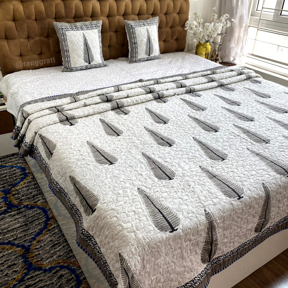 Grey Pine Quilted Bed Cover Mulmul Voile Reversible King Size - Bedcover