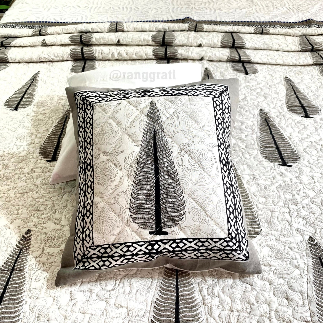 Grey Pine Quilted Bed Cover Mulmul Voile Reversible King Size - Bedcover