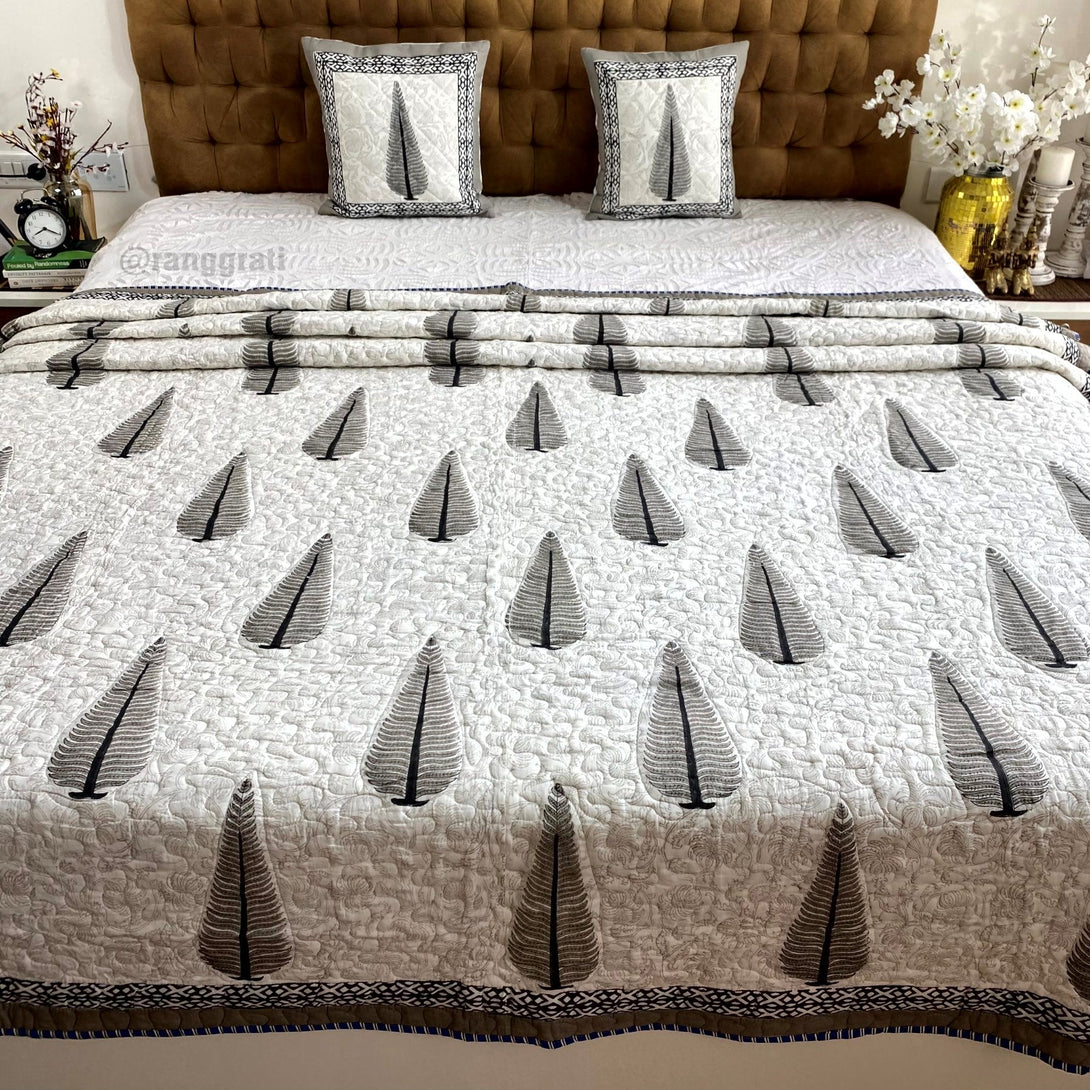 Grey Pine Quilted Bed Cover Mulmul Voile Reversible King Size - Bedcover