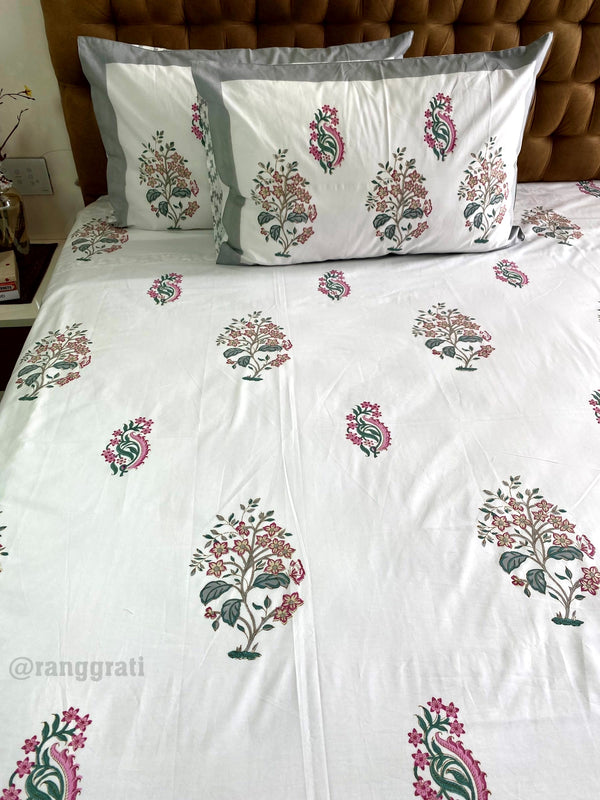 Grey Red Floral Super King Size 250 TC Bedsheet Cotton Hand Block