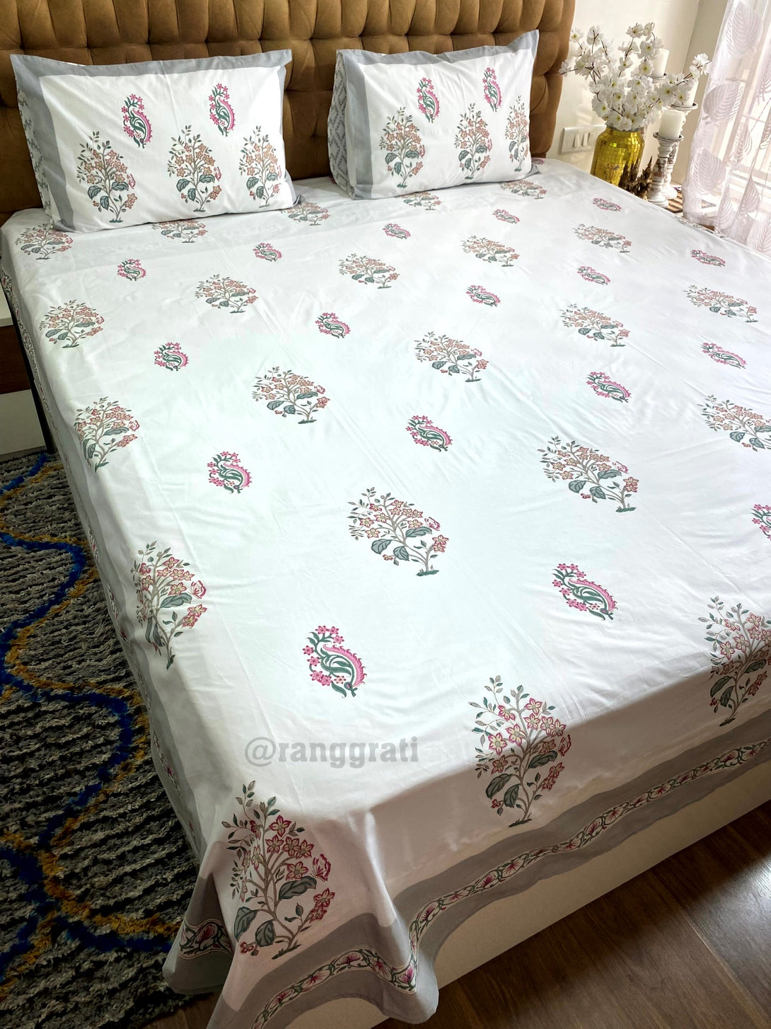 Pure Cotton Grey Red Floral Super King Size 250 TC Bedsheet