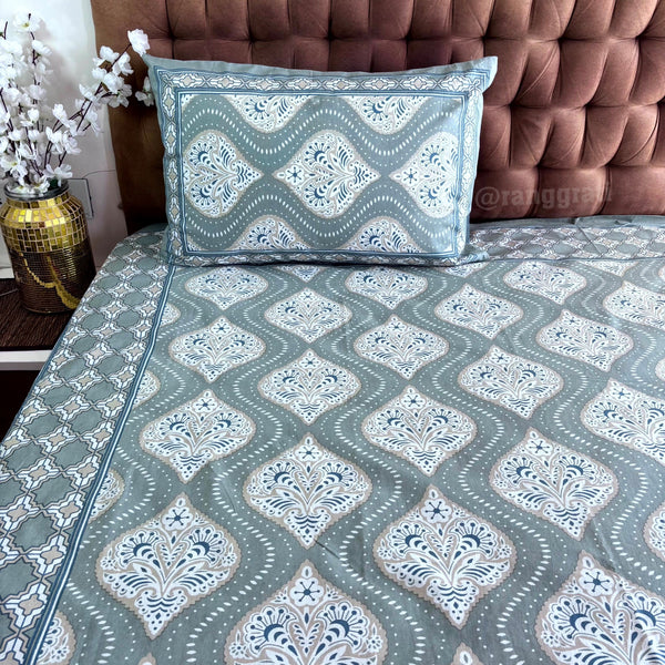 Grey Retro Ikat Jaipuri Cotton Bedsheet King Size - Bedsheet