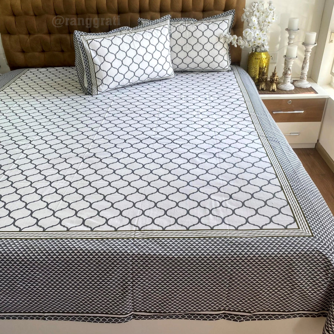 Grey Waves Jaipuri Cotton Bedsheet King Size For Double Bed - Bedsheet