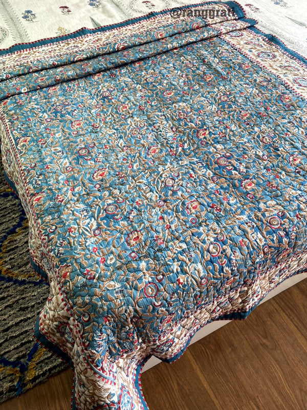 Greyish Blue Floral Cotton Jaipuri Quilted Bed Cover For Single Bed - Bedcover