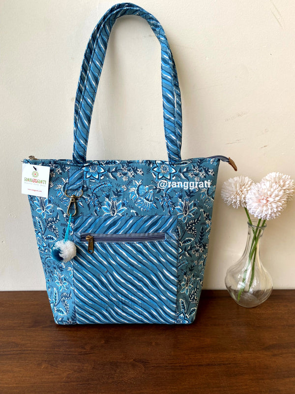 Greyish Blue Floral Hand Bag Ajrakh Print Hand Block Printed Cotton 