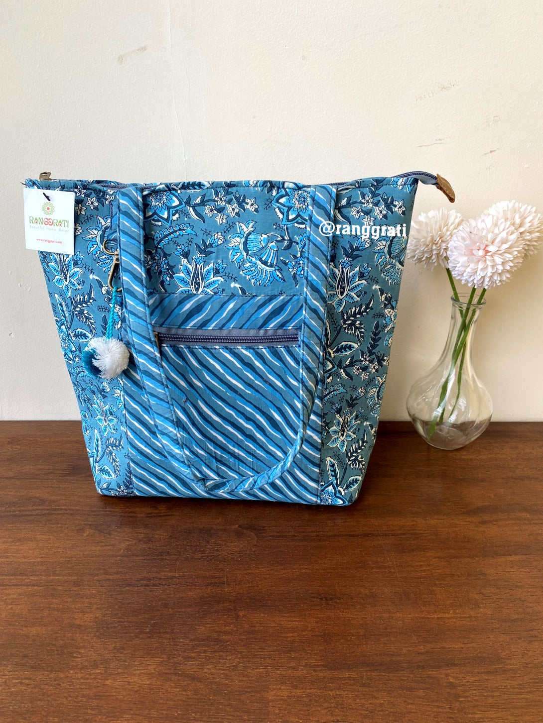 Greyish Blue Floral Hand Bag Ajrakh Print 