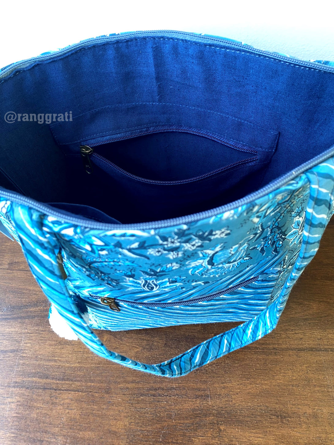 Hand Bag Greyish Blue Floral Ajrakh Print Hand Block Printed Cotton 