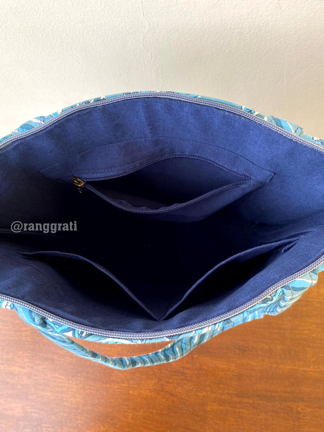 Greyish Blue Floral Ajrakh Print Hand Block Printed Hand Bag 