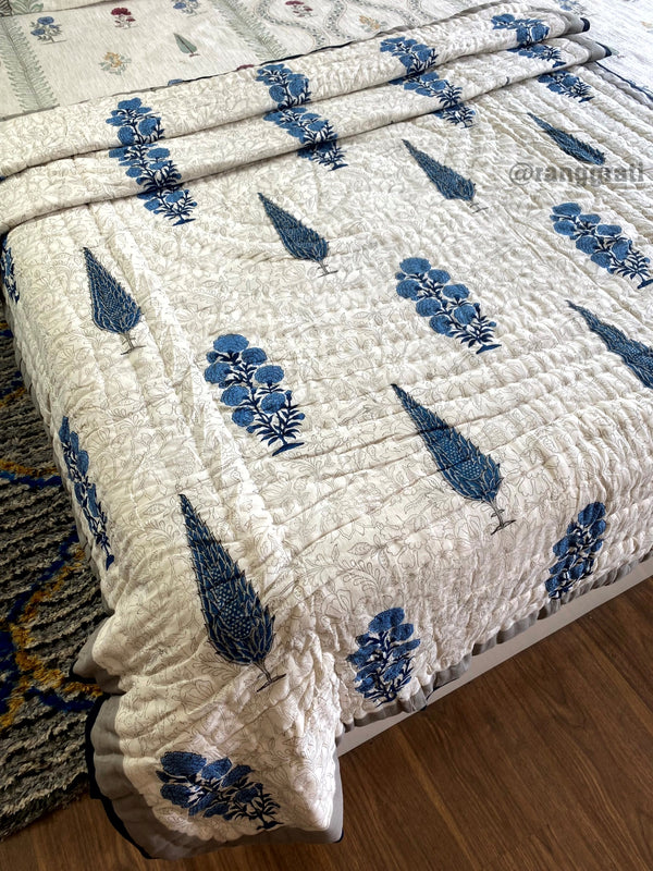 Greyish Blue Floral Single Razai / Quilt Cotton Hand Block Jaipuri