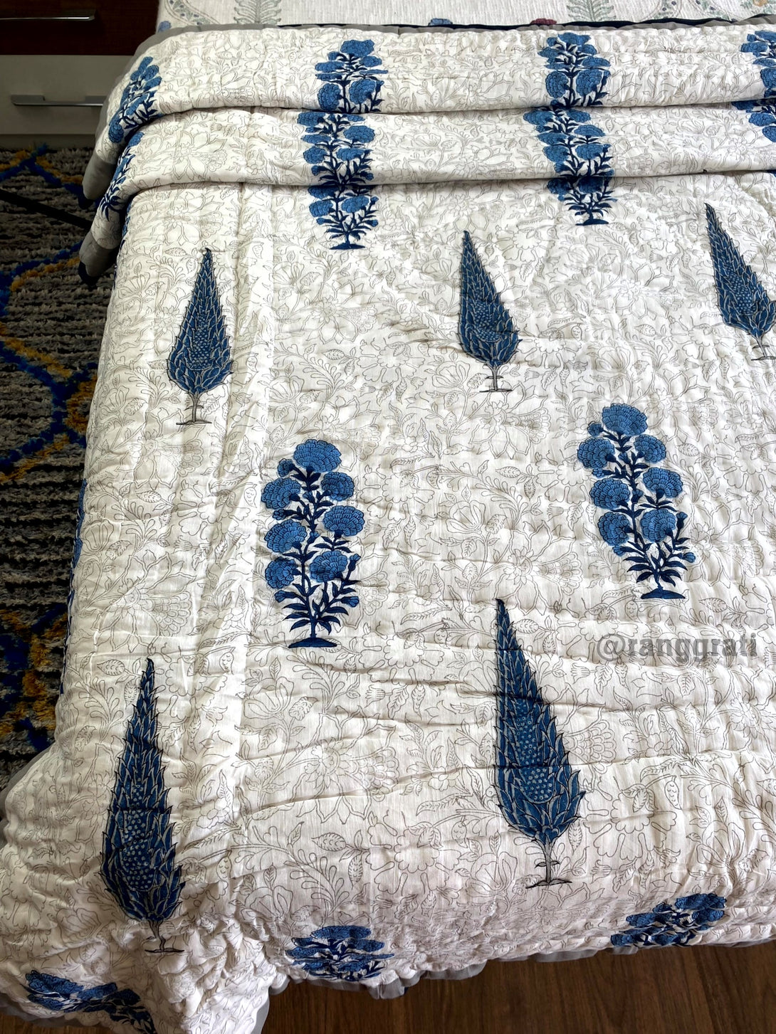 Greyish Blue Floral Single Razai / Quilt Hand Block Jaipuri Cotton