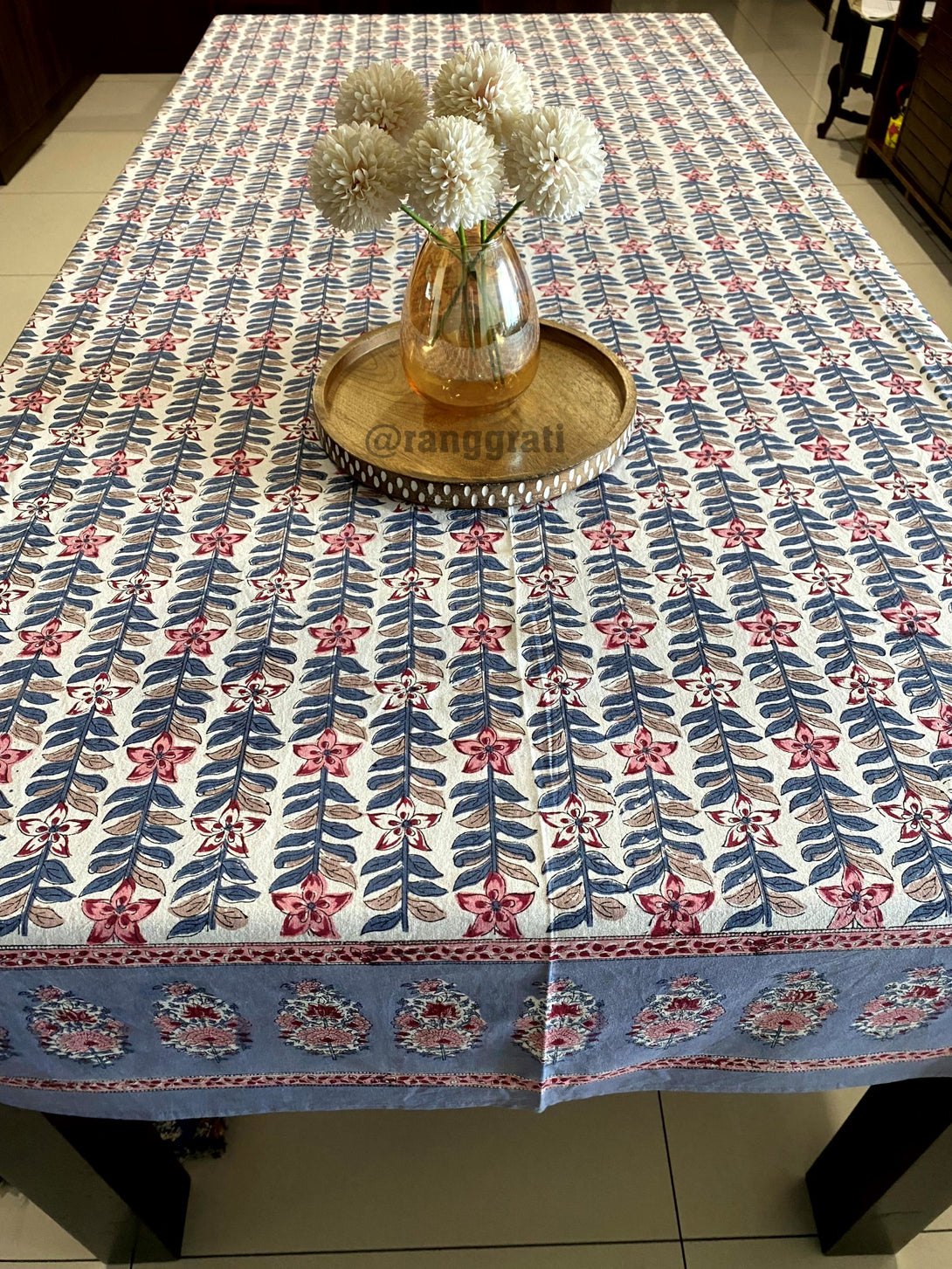 Greyish Blue Floral Table Cover Cloth 6 Seater Dining Table Rectangular