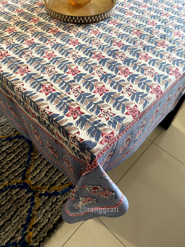 Greyish Blue Floral Table Cover Cloth 6 Seater Dining Table Rectangular Cotton