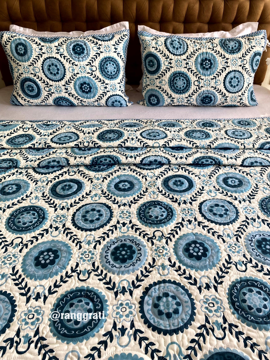 Greyish Blue Geometric Quilted Bedcover King Size Luxury Quality