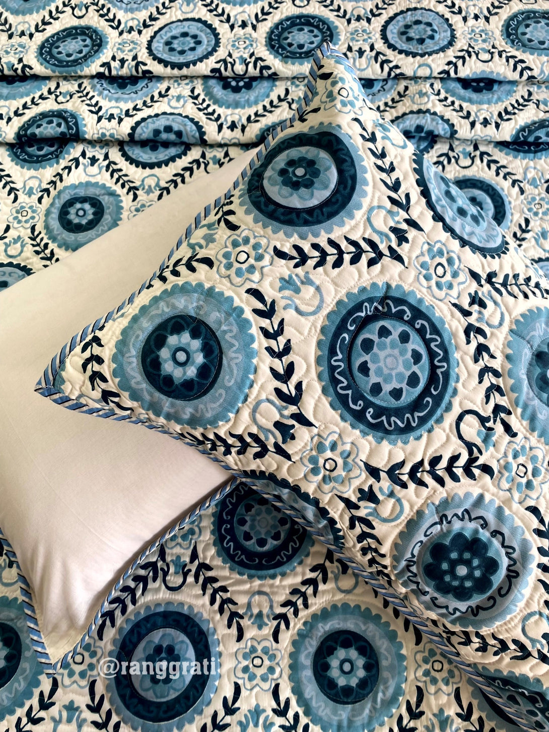 King Size Greyish Blue Geometric Quilted Bedcover Luxury Quality