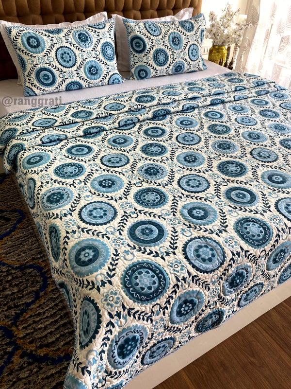 Greyish Blue Geometric Quilted Bedcover Luxury Quality King Size