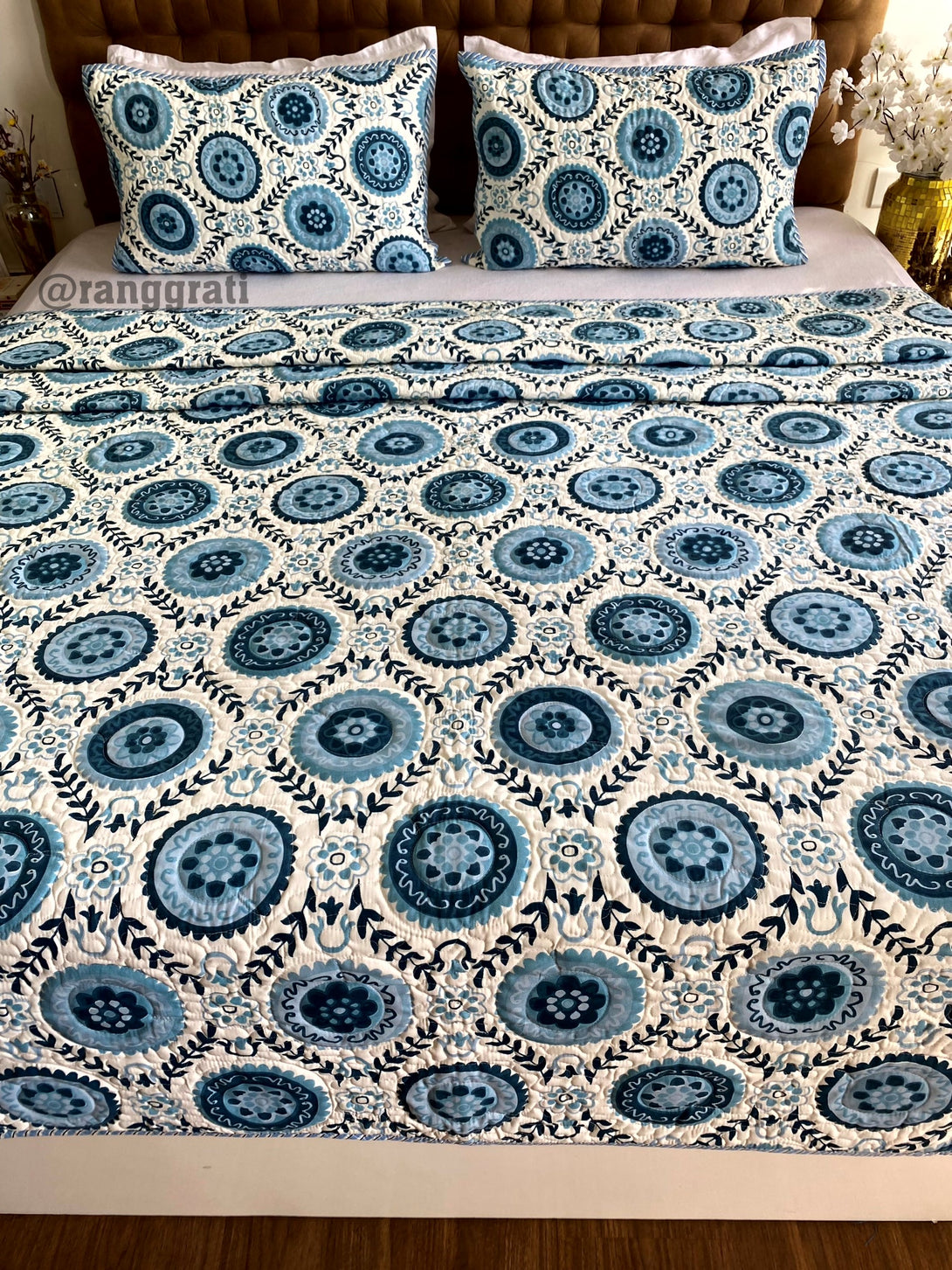 Greyish Blue Geometric Quilted Bedcover