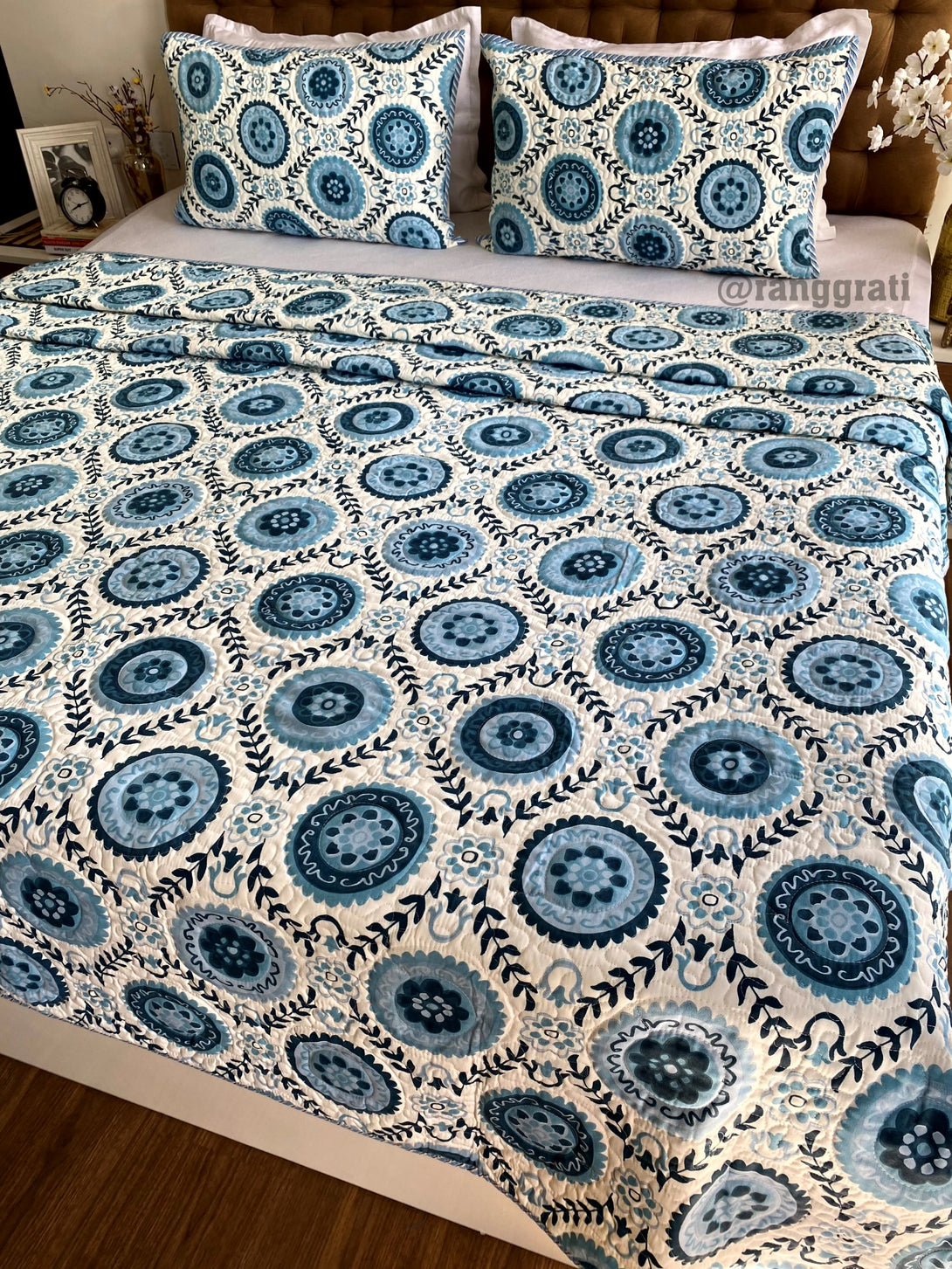 King Size Luxury Quality Greyish Blue Geometric Quilted Bedcover 