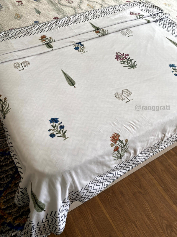 Greyish Floral Dohar For Single Bed In Mulmul Cotton Reversible - Dohar