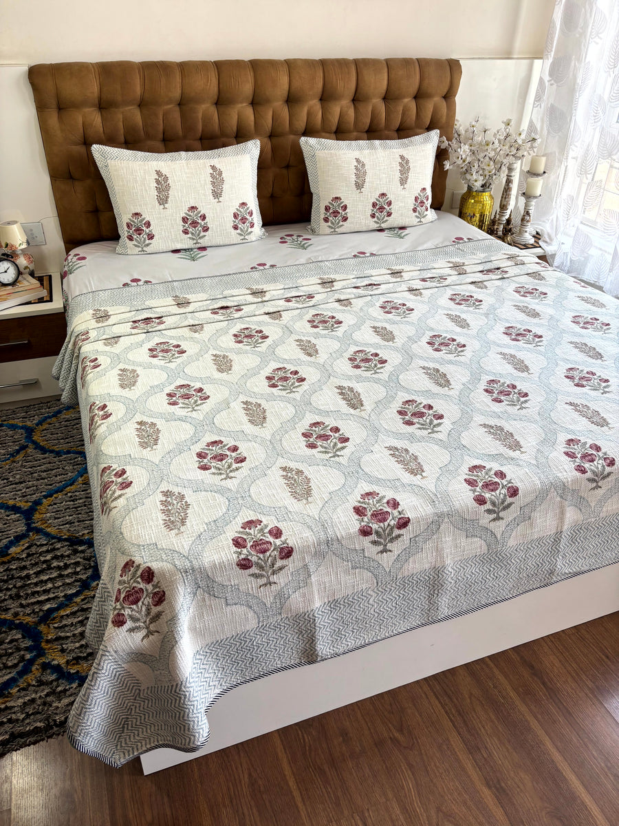Gul-e-Meher Jute Cotton Bedcover | Hand Block Printed King Size