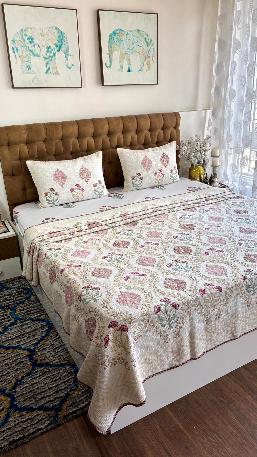 Gulnaar Jaal Jute Cotton Bedcover | Hand Block Printed King Size