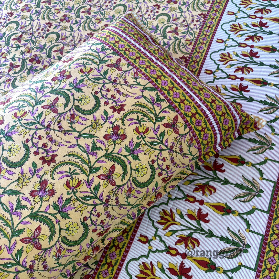 Ivory Yellow Floral Jaipuri Cotton Bedsheet King Size - Bedsheet