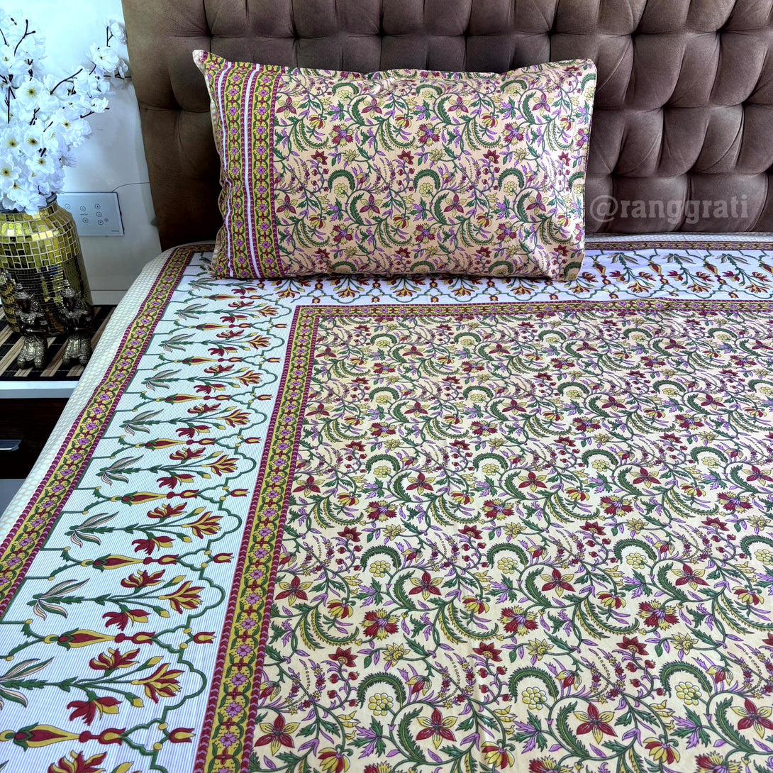 Ivory Yellow Floral Jaipuri Cotton Bedsheet King Size - Bedsheet