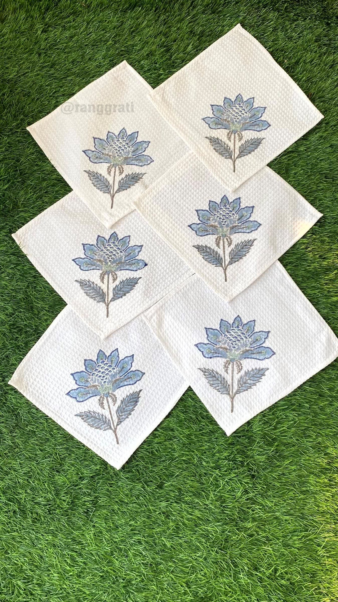 Light Blue Face Towel Floral Hand Block Printed Pure Cotton - Face Towel