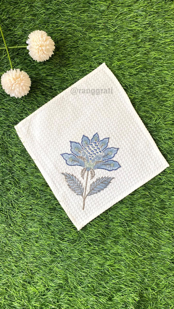 Light Blue Face Towel Floral Hand Block Printed Pure Cotton - Face Towel