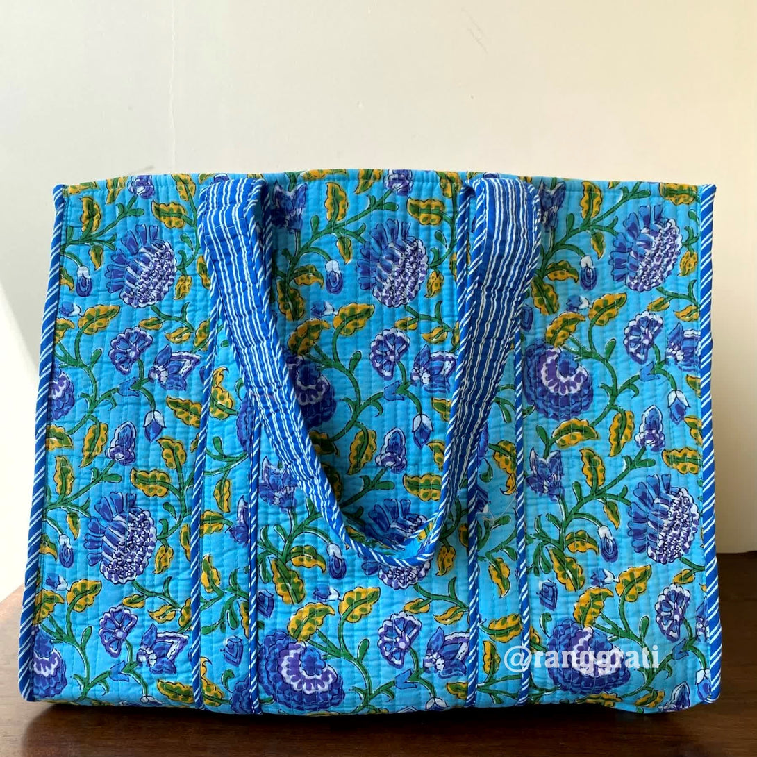 Light Blue Floral Tote Bag Quilted Hand Block Cotton Without Zip - Tote Bag