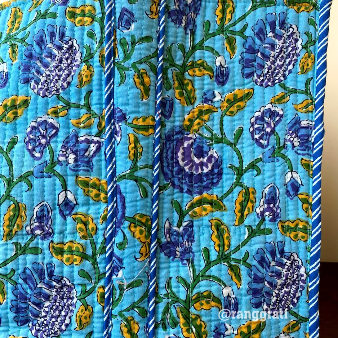 Light Blue Floral Tote Bag Quilted Hand Block Cotton Without Zip - Tote Bag
