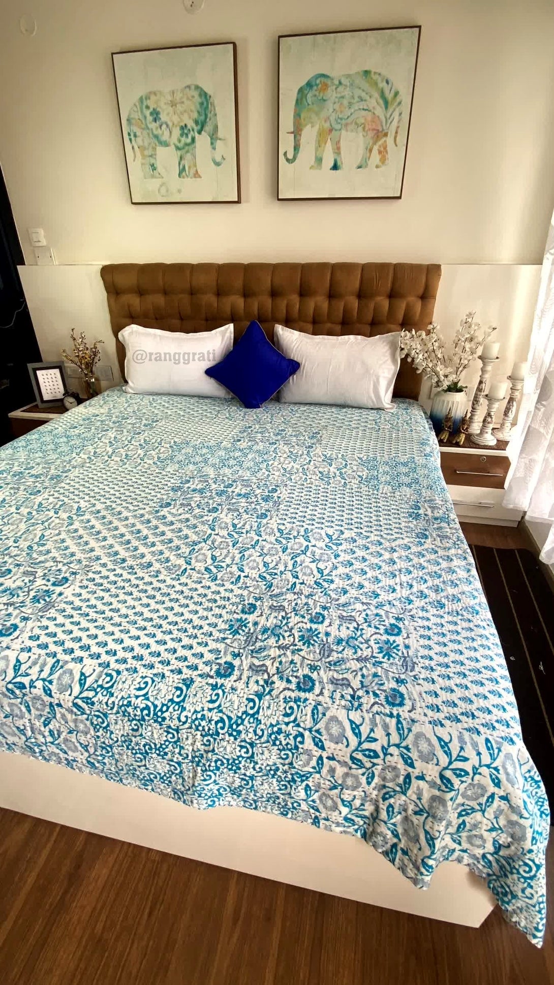 Light Blue Geometric Kantha Bedcover For Double Bed King Size - Bedcover