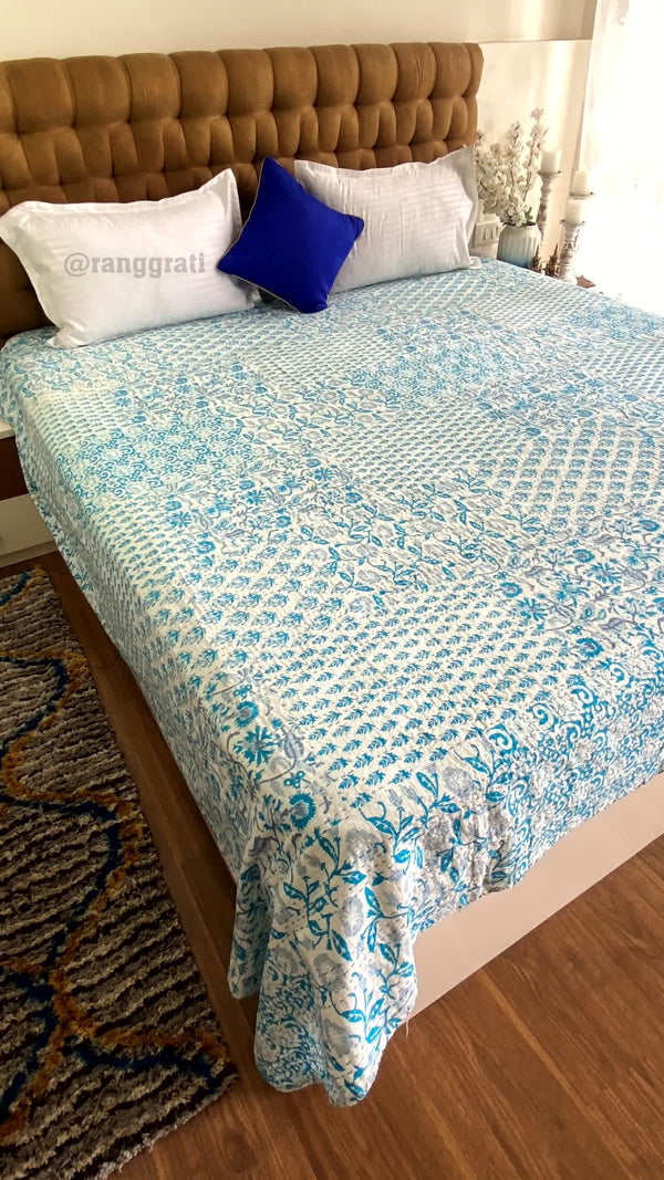 Light Blue Geometric Kantha Bedcover For Double Bed King Size - Bedcover