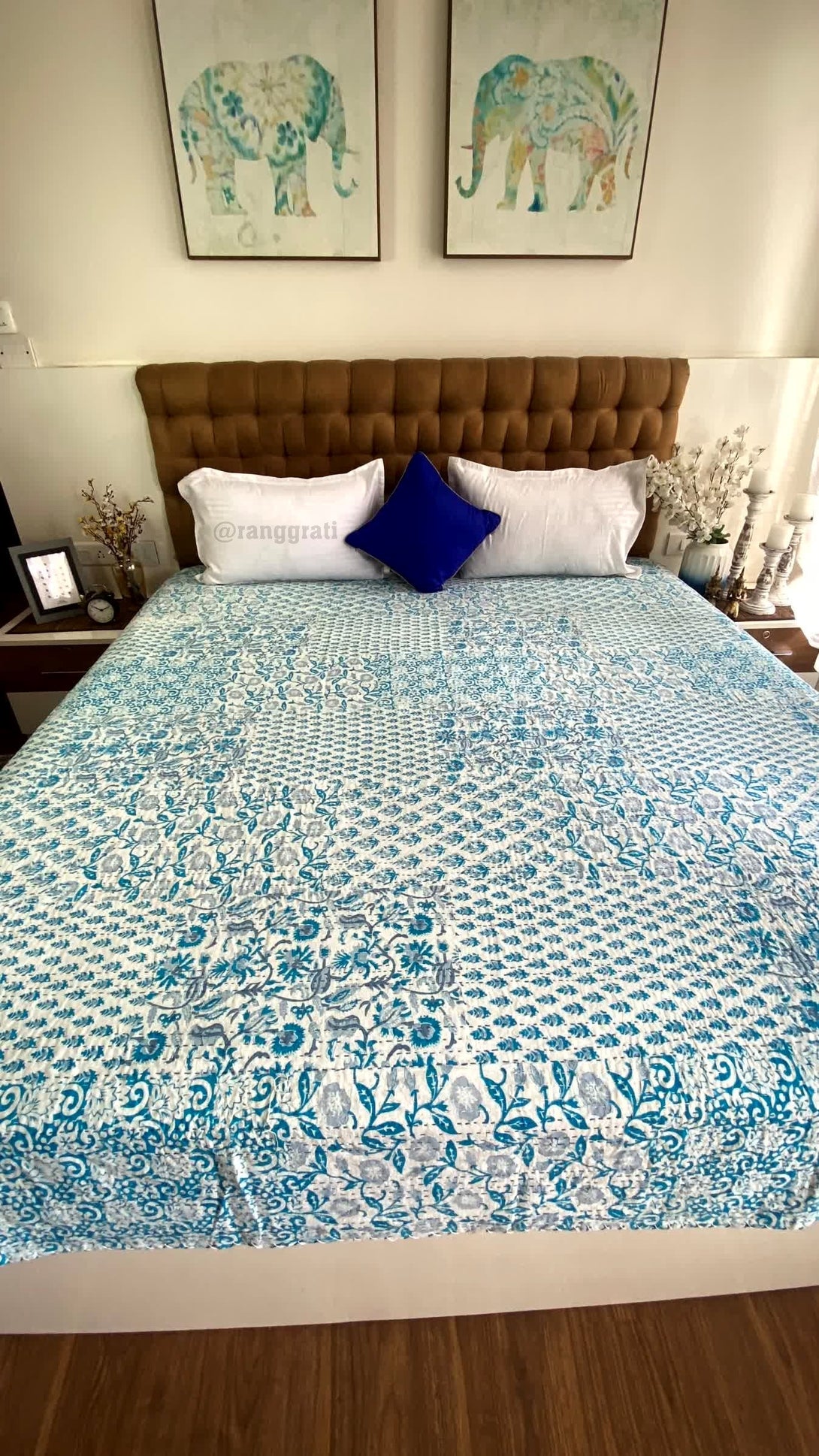 Light Blue Geometric Kantha Bedcover For Double Bed King Size - Bedcover