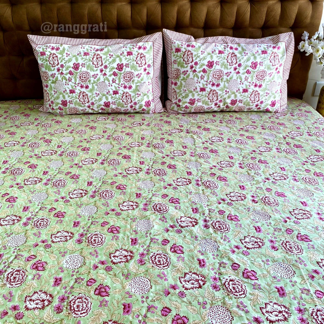 Light Green Carnation Floral Super King Size 250 TC Bedsheet Cotton Hand Block - Bedsheet