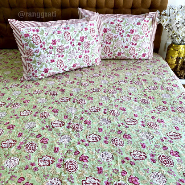 Light Green Carnation Floral Super King Size 250 TC Bedsheet Cotton Hand Block - Bedsheet