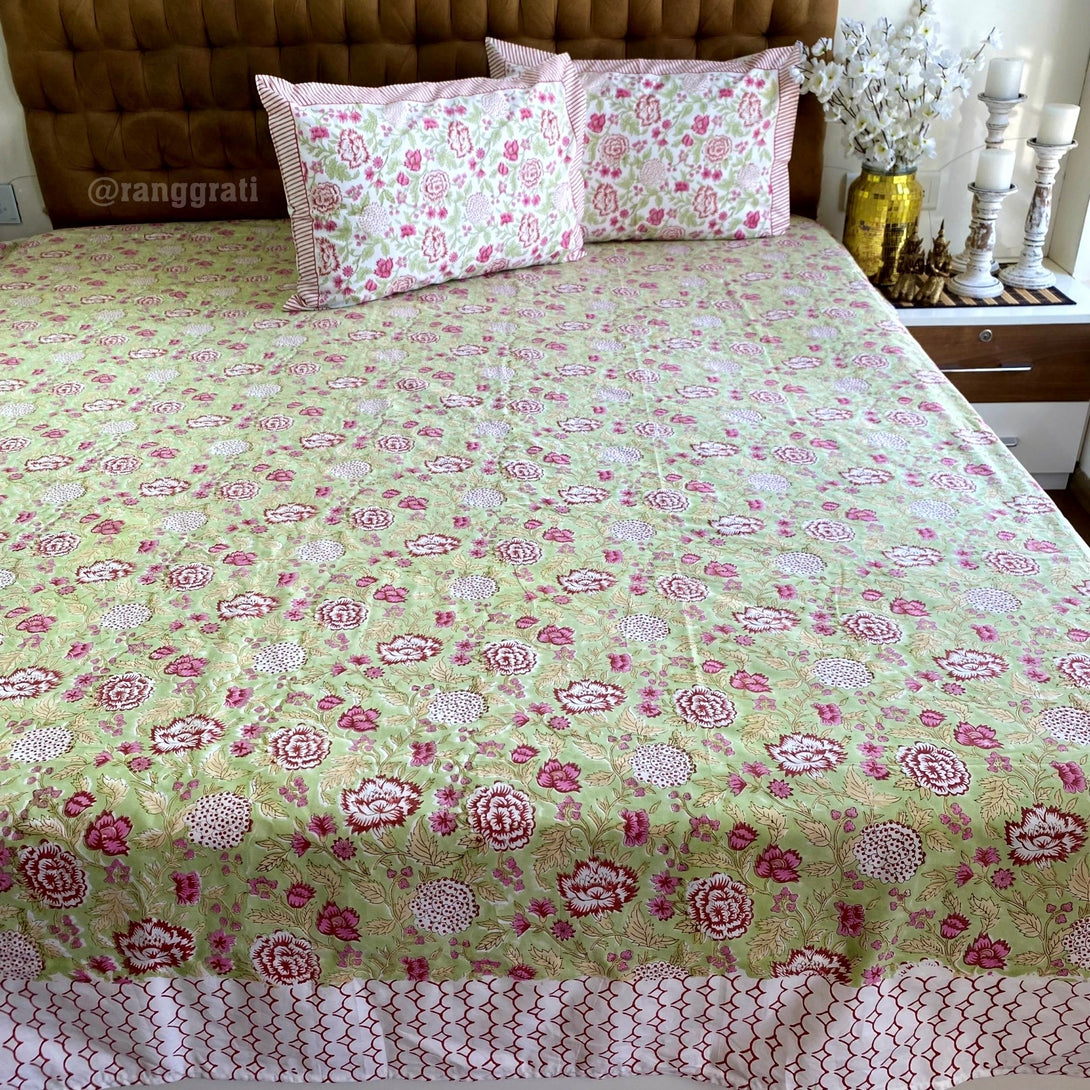Light Green Carnation Floral Super King Size 250 TC Bedsheet Cotton Hand Block - Bedsheet