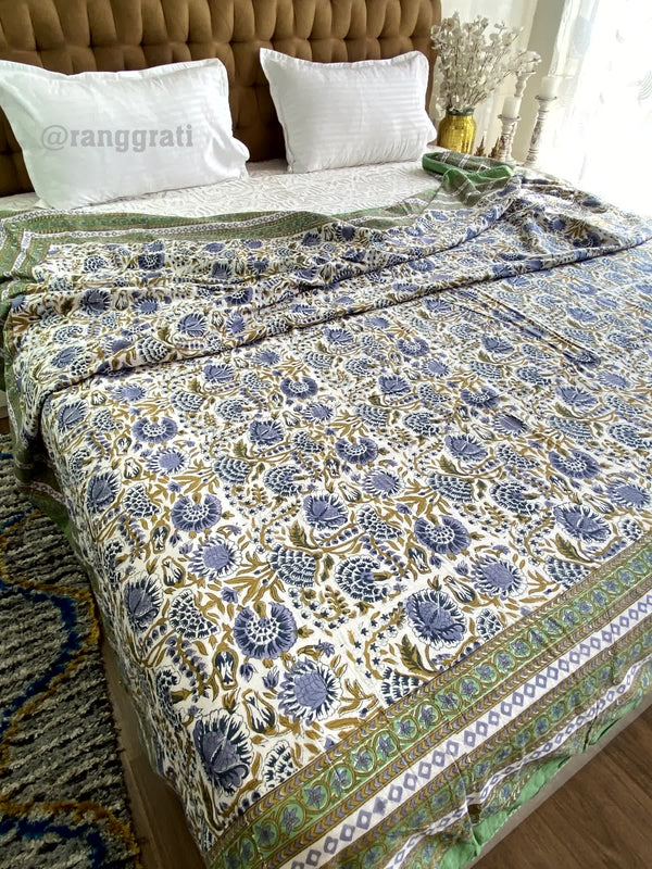 Light Green Floral Double Dohar For Double Bed In Mulmul Cotton - Dohar