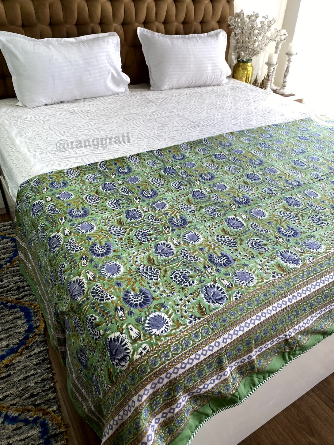 Light Green Floral Double Dohar For Double Bed In Mulmul Cotton - Dohar