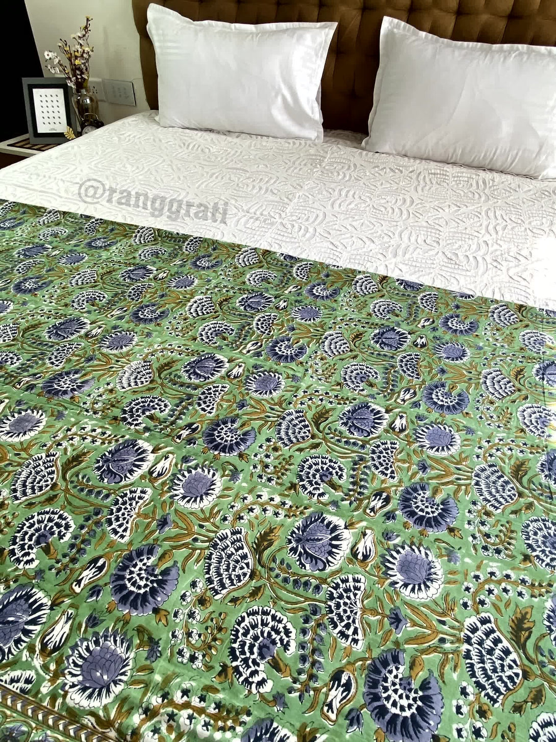 Light Green Floral Double Dohar For Double Bed In Mulmul Cotton - Dohar