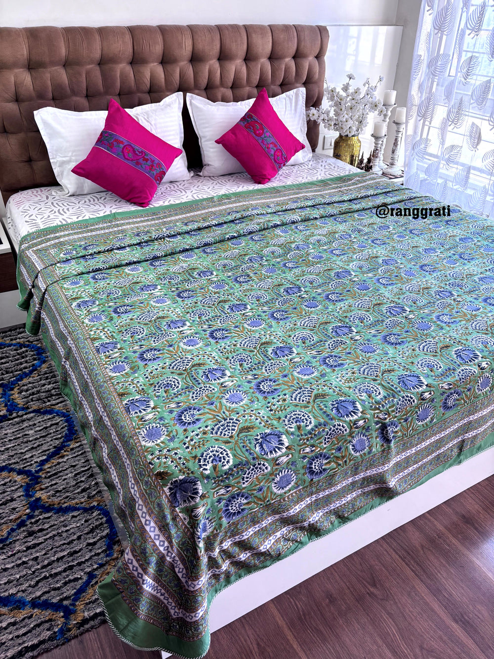 Light Green Floral Dohar King Size In Mulmul Cotton