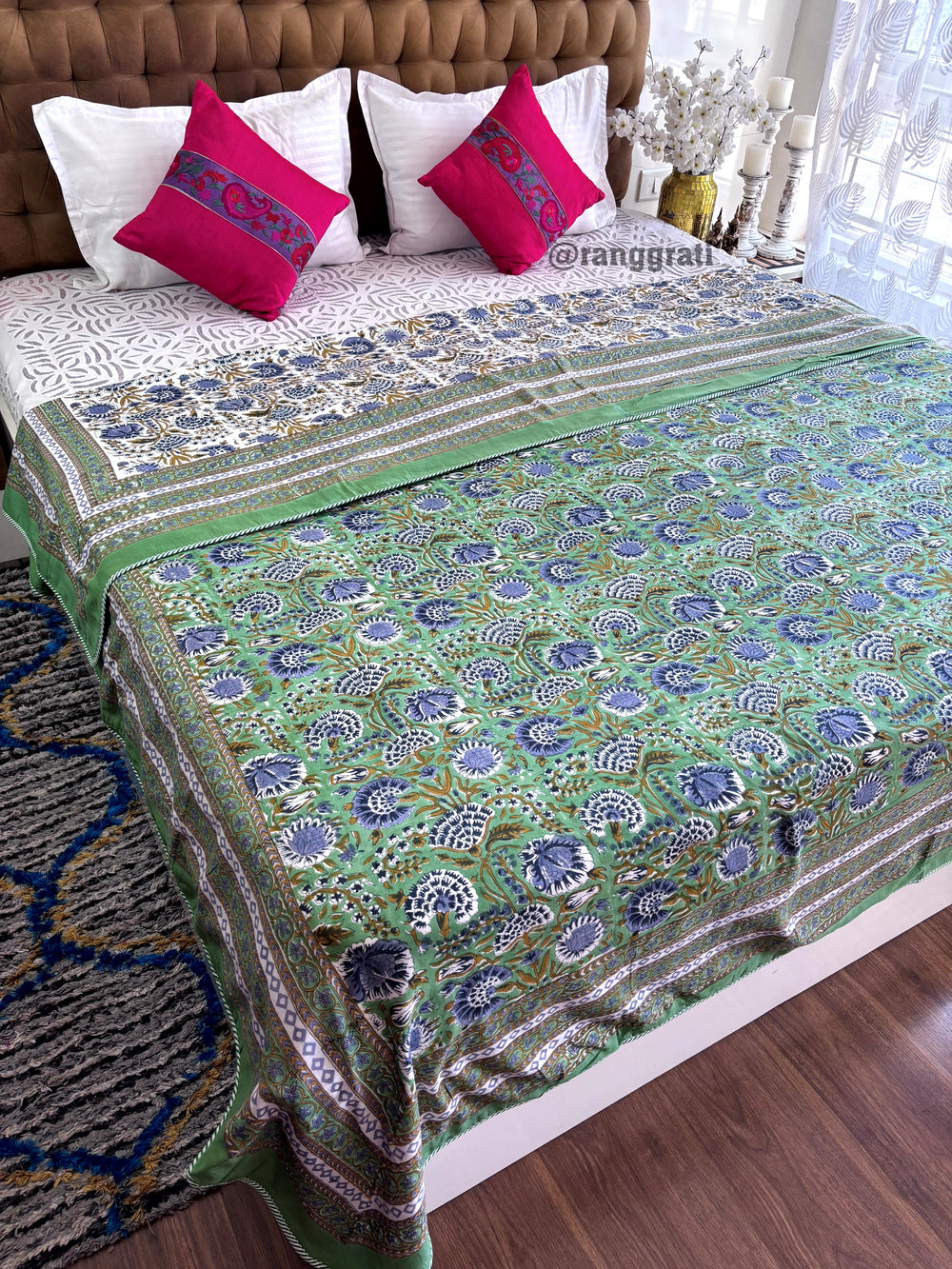 Light Green Floral Dohar King Size In Mulmul Cotton