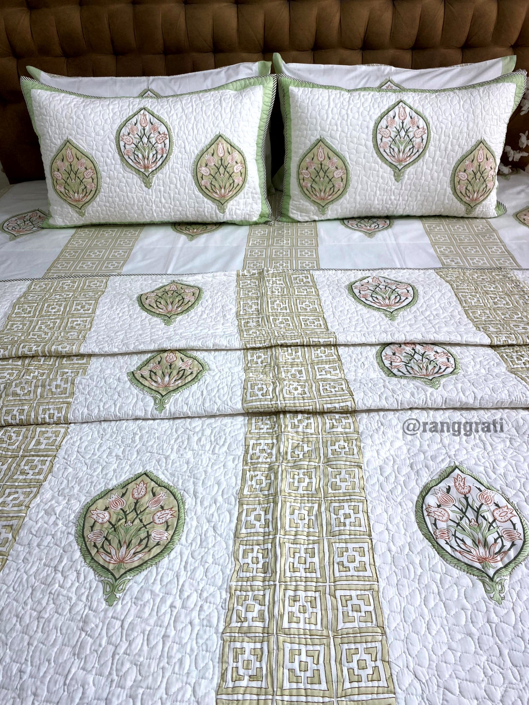 Light Green Floral Bedsheet With Matching Quilted Bedcover Set