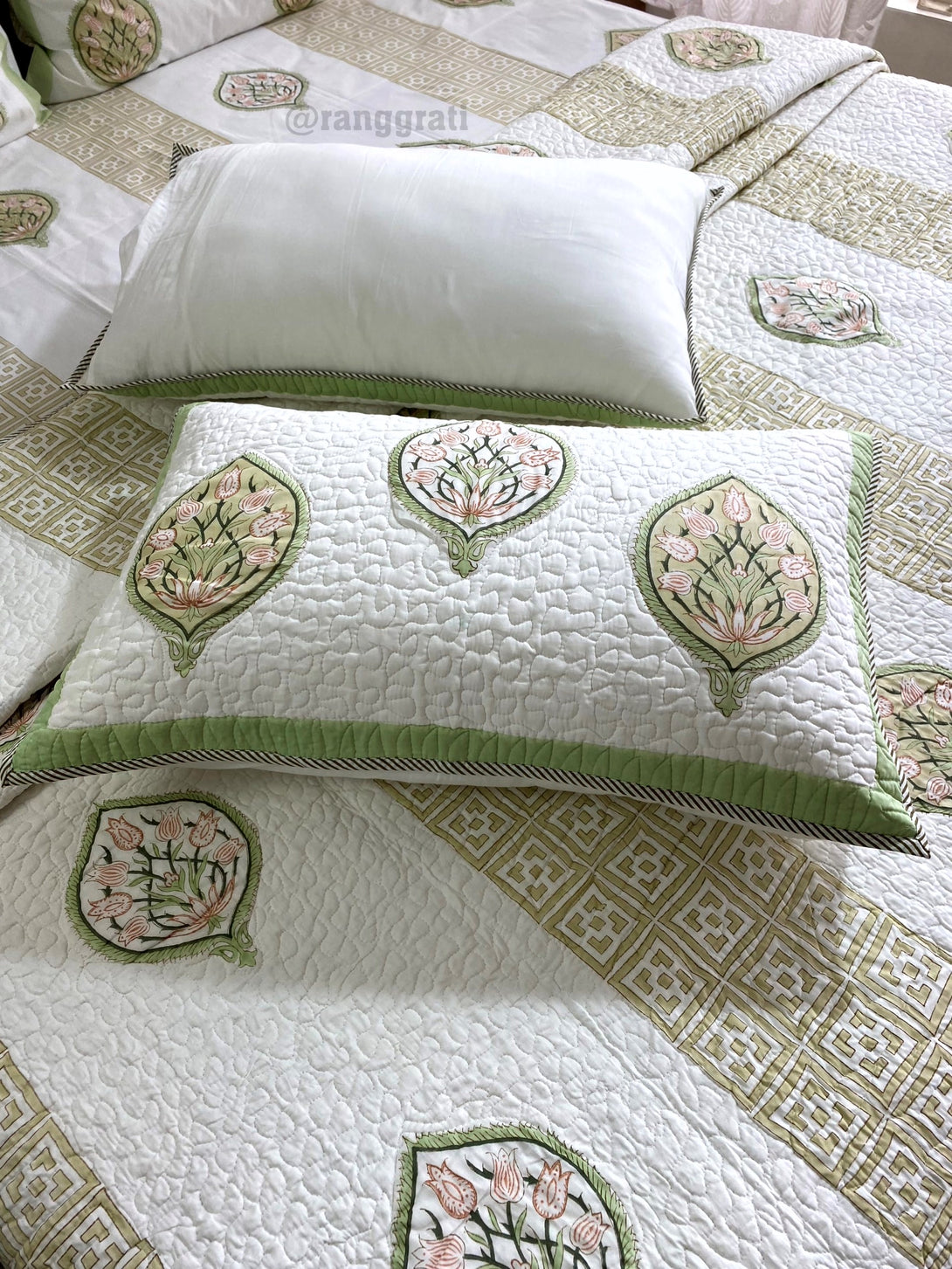Light Green Floral Bedding Set with Coordinated Quilted Cover